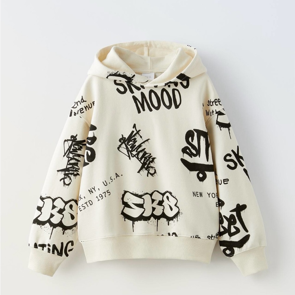 Zara Cream and Black Graffiti Hoodie